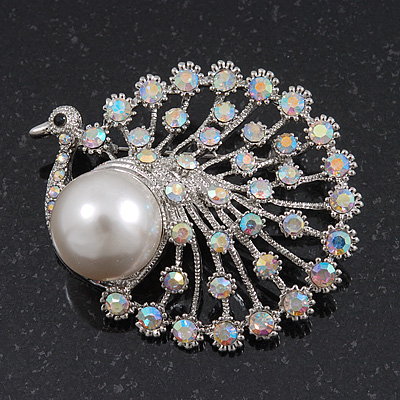 Unique AB Crystal/ Simulated Pearl 'Peacock' Brooch In Silver Plating - 5cm Length