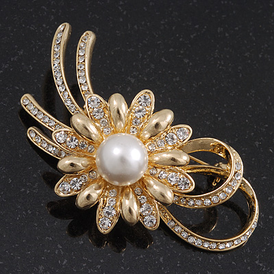 Gold Plated Diamante 'Flower & Bow' Bridal Brooch - 6.5cm Length