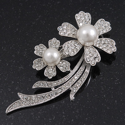 'Double Flower' Simulated Pearl/ Crystal Brooch In Rhodium Plating - 7.5cm Length - main view