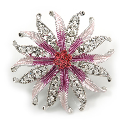 Pink/Magenta Enamel Diamante 'Flower' Brooch In Silver Plating - 4.5cm Diameter