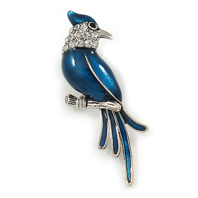 Dark Blue Enamel Exotic 'Bird' Brooch In Rhodium Plating - 5.5cm Length