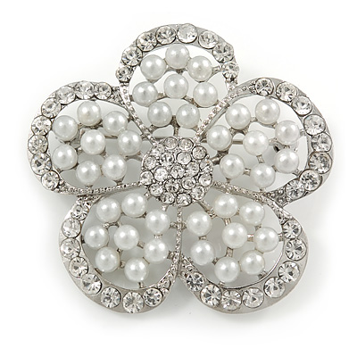 Wedding Simulated Pearl Diamante 'Flower' Brooch In Rhodium Plating - 4.5cm Diameter