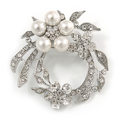 White Simulated Glass Pearl/ Clear Crystal Wreath Brooch In Rhodium Plating - 5cm Diameter