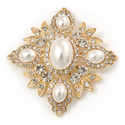 Bridal Swarovski Crystal Imitation Pearl Brooch In Gold Plating - 6cm Length