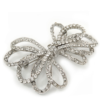 Clear Crystal Open 'Bow' Brooch In Silver Tone Metal - 5.5cm Width - main view