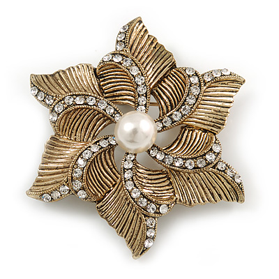 Vintage Textured Diamante, Simulated Pearl 'Flower' Brooch In Burn Gold Tone - 5cm Diameter