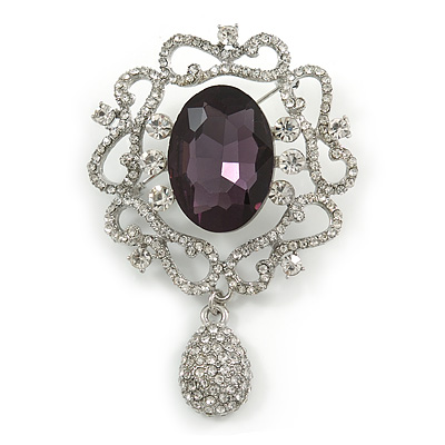 Swarovski Crystal and Violet Oval Jewel Filigree Drop Charm Brooch (Rhodium Plated) -  65mm Long
