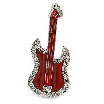 Red Enamel Diamante 'Guitar' Brooch In Rhodium Plating - 5cm Length