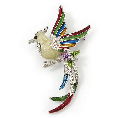 Multicoloured Enamel Diamante 'Bird' Brooch In Rhodium Plating - 6.5cm Length