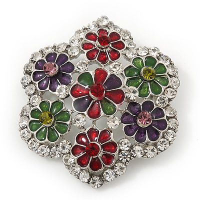 Multicoloured Enamel Diamante 'Flower' Brooch In Rhodium Plating - 4.5cm Diameter