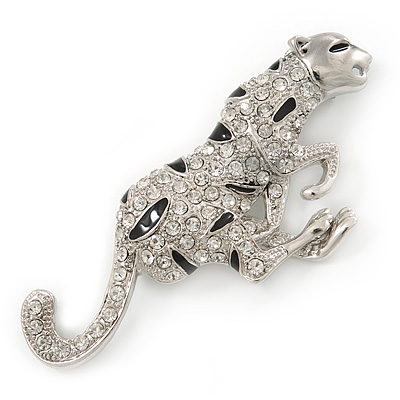 Large Diamante 'Snow Leopard' Brooch In Rhodium Plating - 85mm Across - main view