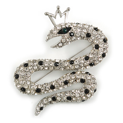 Queen Snake Black/Clear Diamante Brooch In Rhodium Plating - 5cm Width - main view