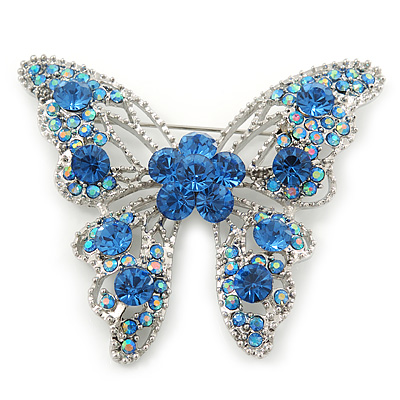 Dazzling Sky Blue Crystal Butterfly Brooch In Rhodium Plating - 6cm Length - main view