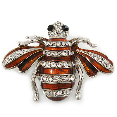 Cute Clear Crystal Brown Enamel 'Bee' Brooch In Rhodium Plating - 5cm Width