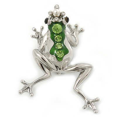 Queen Frog Green Enamel Crystal Brooch In Rhodium Plating - 5cm Length
