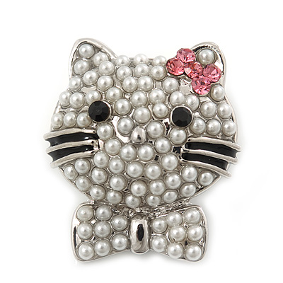 Cute Simulated Pearl Bead 'Cat With Pink Crystal Bow' Brooch In Rhodium Plating - 25mm Length