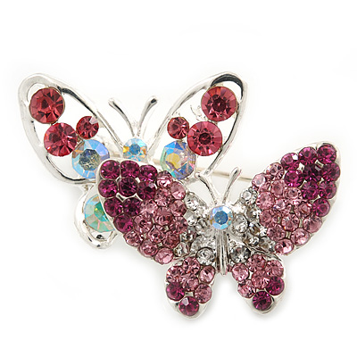 Pink/ Magenta/ AB Crystal Double Butterfly Brooch In Rhodium Plating - 35mm Width