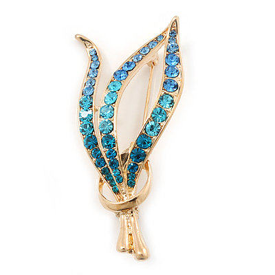 Gold Plated Diamante Fancy Brooch (Blue, Azure, Teal) - 55mm Length