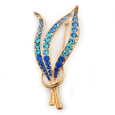 Gold Plated Diamante Fancy Brooch (Sky Blue, Azure, Sapphire Blue Colour) - 55mm Length