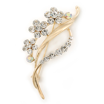 Clear/ AB Crystal 'Bunch Of Flowers' Brooch In Gold Plating - 62mm Length