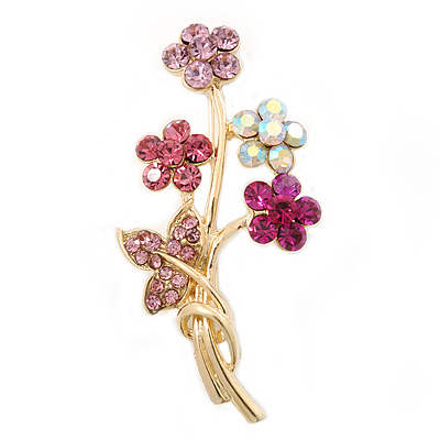 Pink/ Magenta/ AB Crystal 'Bunch Of Flowers' Brooch In Gold Plating - 50mm Length