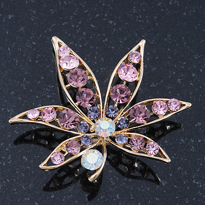 Purple/ Pink/ Clear 'Leaf' Brooch In Gold Plating - 52mm Length