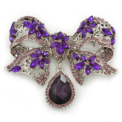 Luxurious CZ Purple/ Violet 'Bow' Charm Brooch In Rhodium Plated Metal - 70mm Width
