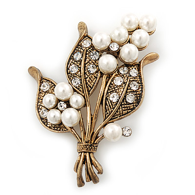 White Simulated Pearl, Clear Crystal Bouquet Brooch In Burn Gold - 5cm Length