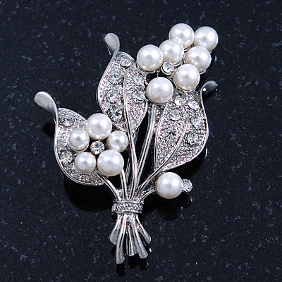 White Simulated Pearl, Clear Crystal Bouquet Brooch In Rhodium Plating - 5cm Length - main view
