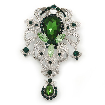 Statement Emerald Green/ Clear CZ Crystal Charm Brooch In Rhodium Plating - 11cm Length