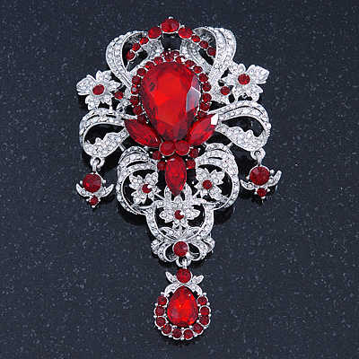 Statement Clear/ Ruby Red Coloured CZ Crystal Charm Brooch In Rhodium Plating - 11cm Length - main view