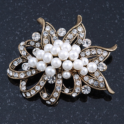 Vintage Style White Simulated Pearl Cluster, Clear Crystal Brooch In Burn Gold Metal - 50mm Length