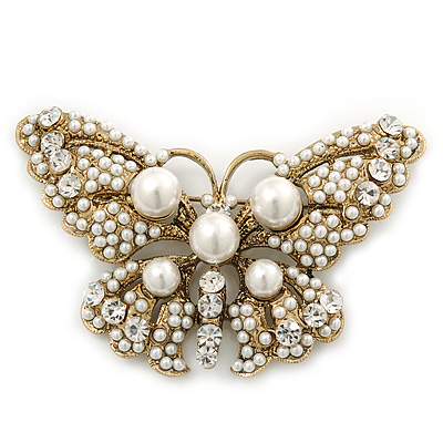 Vintage Simulated Pearl, Swarovski Crystal 'Butterfly' Brooch In Antique Gold Metal - 65mm Width