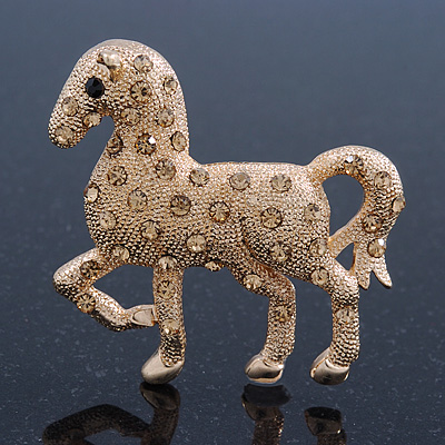 Gold Plated Textured Crystal 'Horse' Brooch - 55mm Width - main view