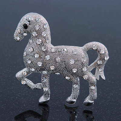 Rhodium Plated Textured Crystal 'Horse' Brooch - 55mm Width - main view