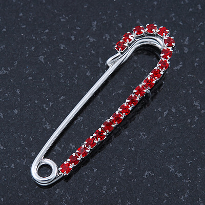Small Red Crystal Scarf Pin Brooch In Rhodium Plating - 40mm Width