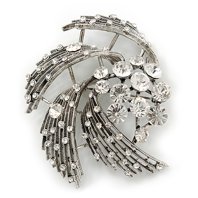Vintage Diamante 'Whirlwind' Brooch In Burn Silver - 7cm Width - main view