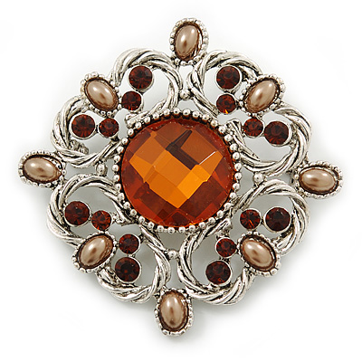 Vintage Filigree Amber Coloured Crystal Brooch In Silver Plating - 53mm Width - main view