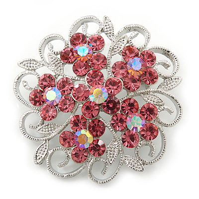 Pink Crystal Filigree Floral Brooch In Rhodium Plating - 43mm Diameter - main view