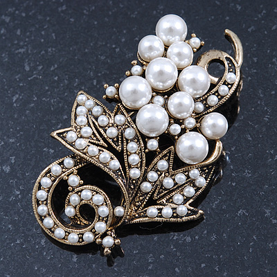 Bridal Vintage White Simulated Glass Pearl Floral Brooch In Burn Gold Metal - 5cm Length - main view