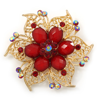 Filigree Red Crystal And Acrylic Bead Flower Brooch In Bright Gold Tone Metal - 60mm Diameter