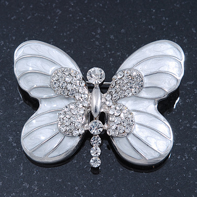 White Enamel Clear Crystal 'Butterfly' Brooch In Rhodium Plating - 47mm Width