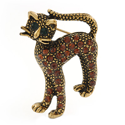 Adorable Diamante 'Cat' Brooch In Burn Gold Metal - 4cm Length