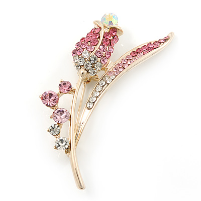 Gold Plated Pink/ Clear Crystal 'Rose' Brooch - 55mm Length