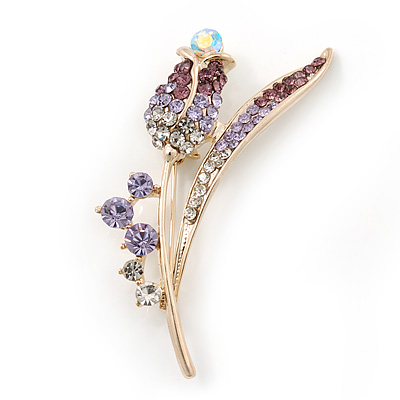 Gold Plated Purple/ Clear Crystal 'Rose' Brooch - 55mm Length