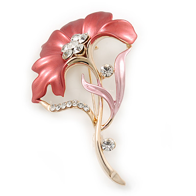 Pink/Coral Enamel Diamante 'Flower' Brooch In Gold Plating - 55mm Length - main view