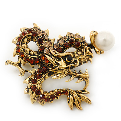 Classic Crystal Chinese Dragon Brooch With Simulated Pearl In Burn Gold Metal (Light Citrine/ Smokey Topaz Coloured) - 50mm Width