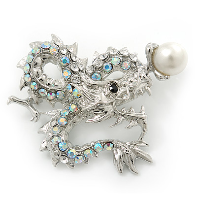 Classic Crystal Chinese Dragon Brooch With Simulated Pearl In Rhodium Plating (Clear/ AB) - 50mm Width