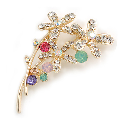 Multicoloured Crystal Floral Brooch In Gold Plating - 60mm Length