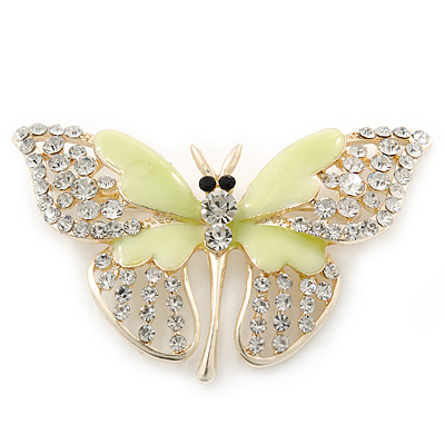 Dazzling Diamante /Pale Green Enamel Butterfly Brooch In Gold Plaiting - 70mm Width